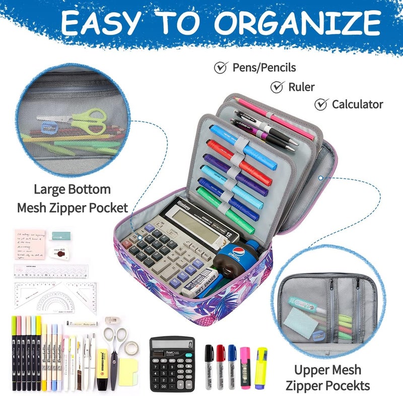 Vaschy Large Pencil Case,VASCHY 72 Slots Marker Organizer Big Pen Pouch Stationery Holder with 3 Layers for Kids Adults Student School Office, Purple Pineapple, One_Size, pencil case - Image 4