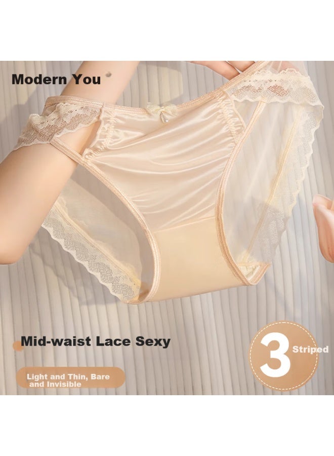 Modal Lace Women's Seamless Antibacterial Summer Ice Silk Thin Triangle Panties 3-pack L - Image 1