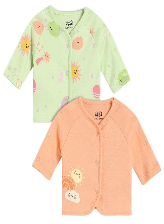 miniklub Baby Girls Front Open Full Sleeves Knitted Cotton Front Open Vest, Pack of 2, Green/Peach (EB) - Image 1