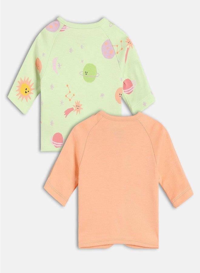 miniklub Baby Girls Front Open Full Sleeves Knitted Cotton Front Open Vest, Pack of 2, Green/Peach (EB) - Image 2