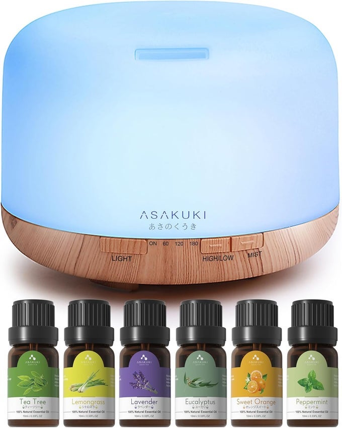 OIL DIFFUSER WITH ESSENTIAL OILS SET, 500ML AROMATHERAPY HUMIDIFIER WITH 14 LED COLORS & AUTO SHUT-OFF - 6 OIL GIFT PACK(LAVENDER EUCALYPTUS TEA TREE ORANGE PEPPERMINT LEMONGRASS)