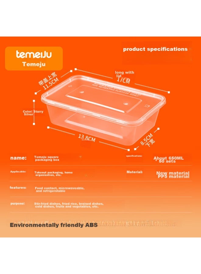 Temeiju Disposable Rectangular Transparent Plastic Food Containers, Thickened With Lids, Takeout Boxes, Tableware, 50 Sets, 650ml - Image 3