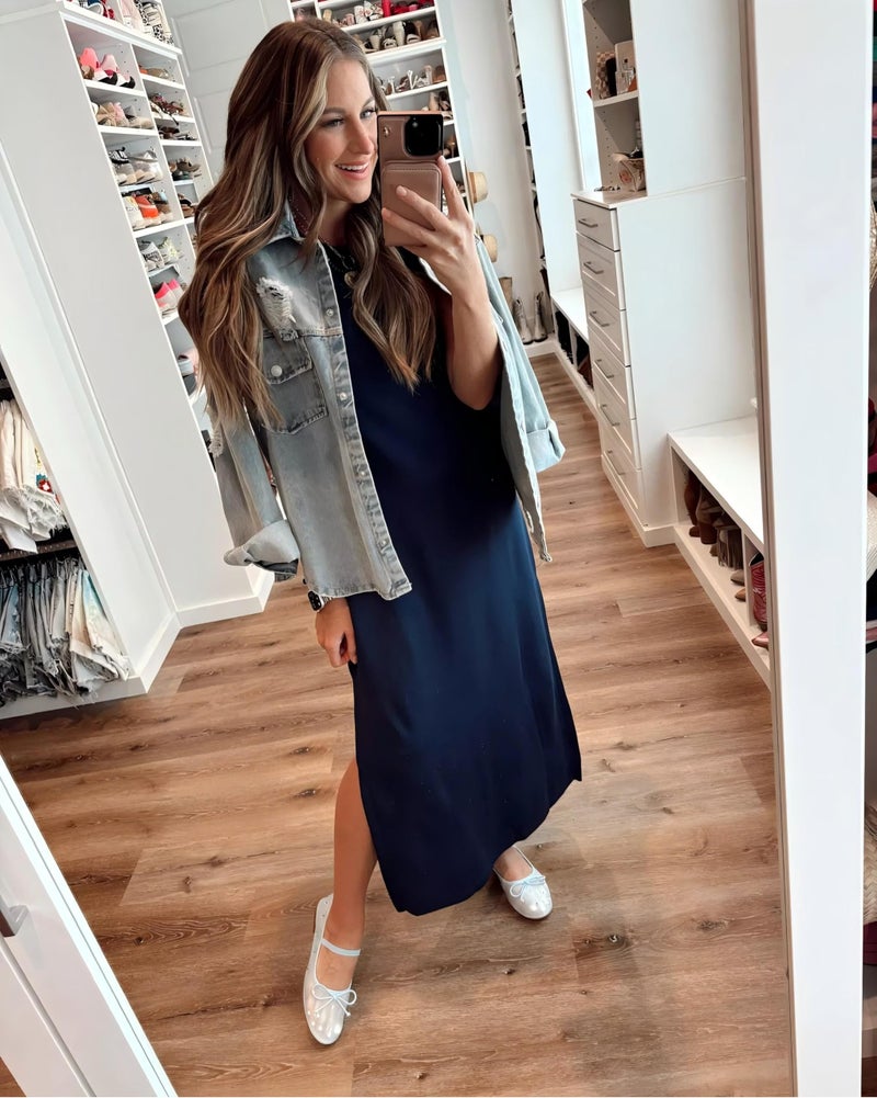 GRECERELLE Women's Summer Crew Neck Casual Loose Split Long Maxi Dress with Pockets (X-Large, Navy Blue) - Image 3