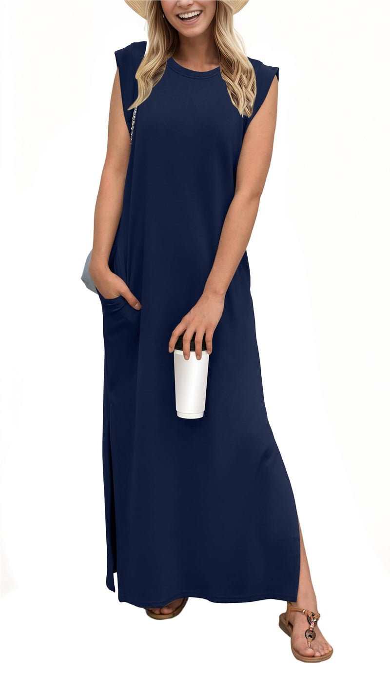 GRECERELLE Women's Summer Crew Neck Casual Loose Split Long Maxi Dress with Pockets (X-Large, Navy Blue) - Image 1
