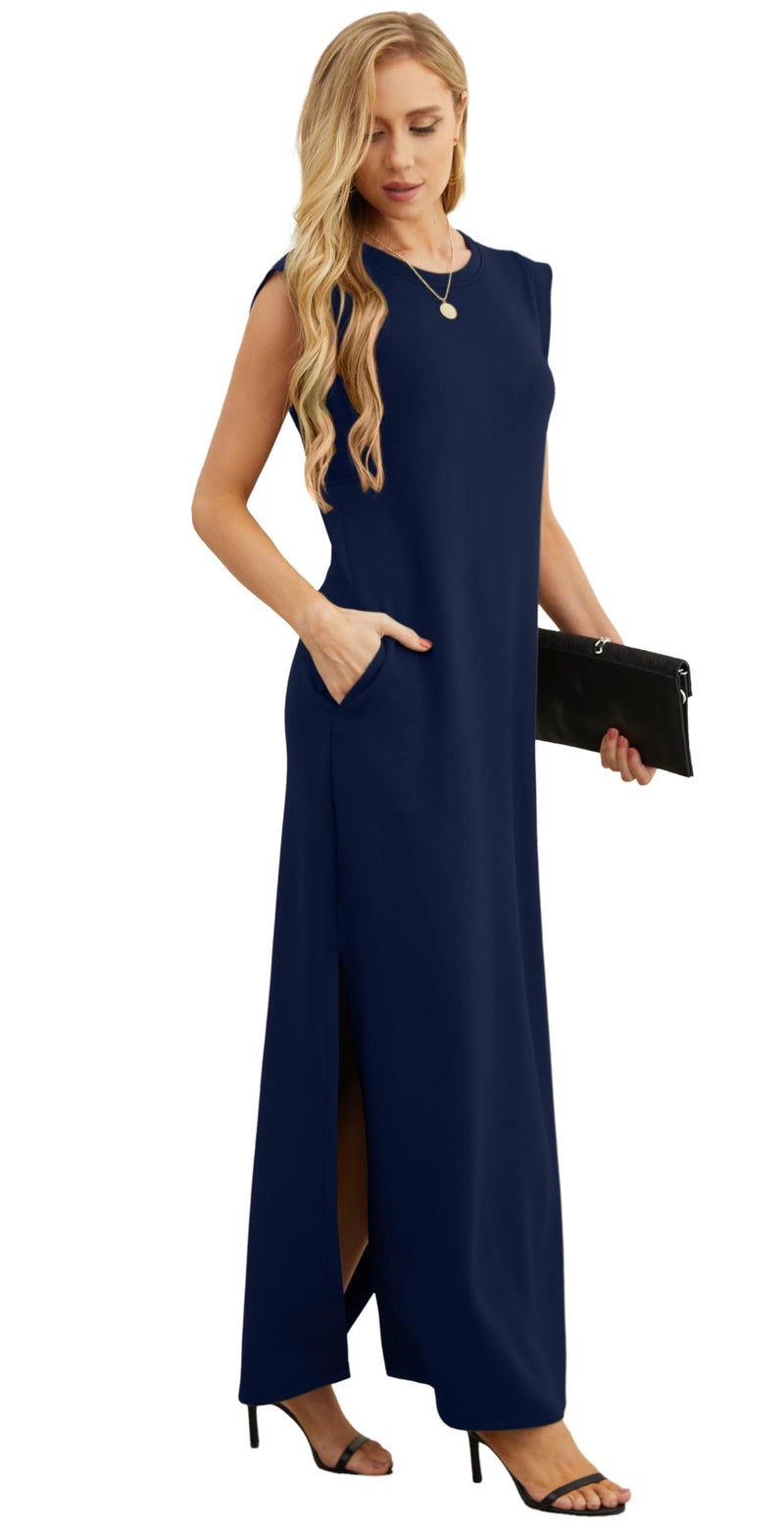 GRECERELLE Women's Summer Crew Neck Casual Loose Split Long Maxi Dress with Pockets (X-Large, Navy Blue) - Image 5