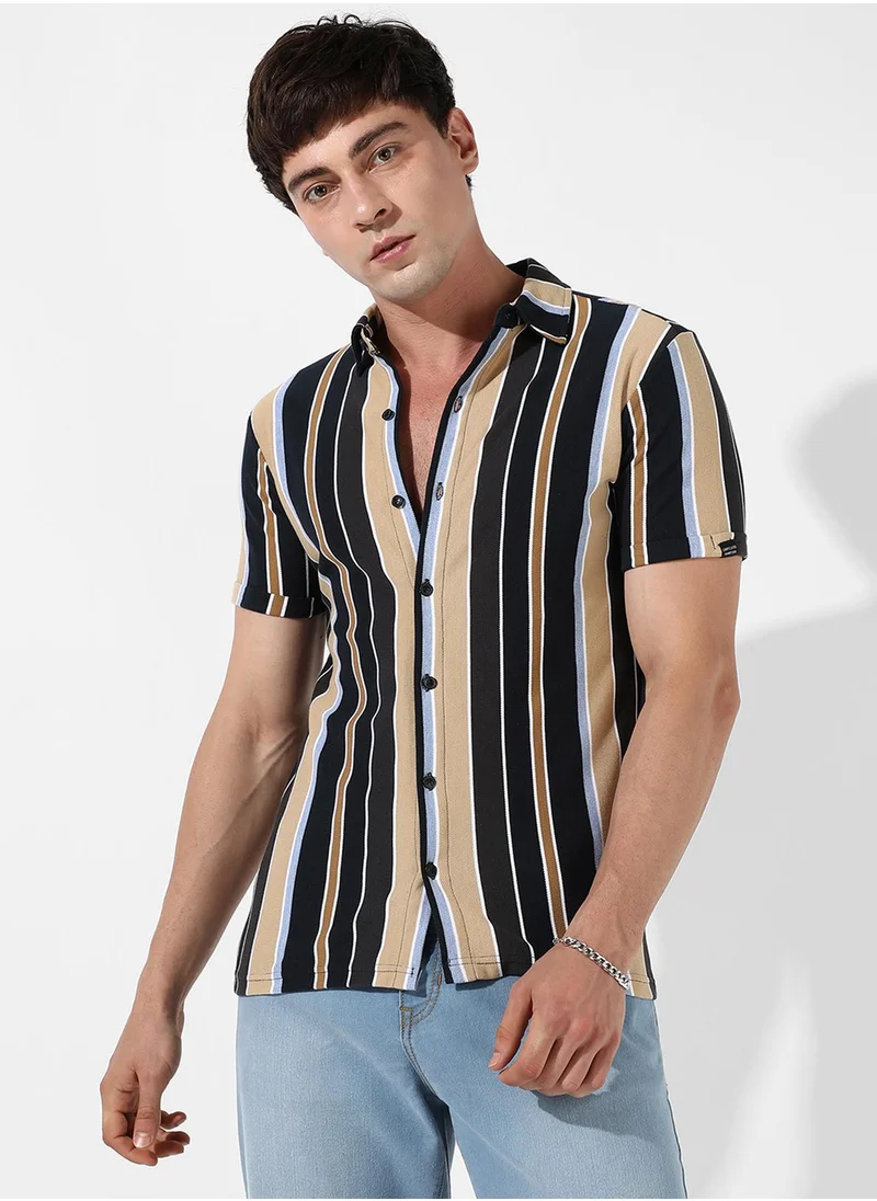 Campus Sutra Men's Striped Button Up Cotton Shirt