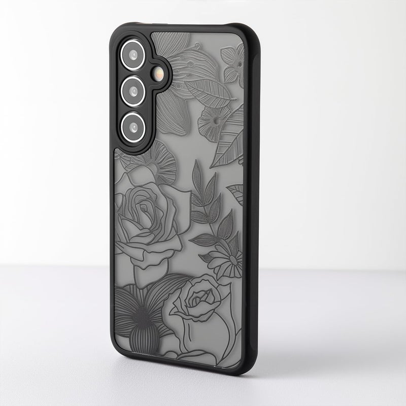 Dumkery Cute Case Compatible with Samsung Galaxy S24 Plus Case, Aesthetic Black Line Art Floral Rose Pattern Print, Slim Fit PC and TPU Full Protection Shockproof Cases Cover Skin for Girls Women - Image 4