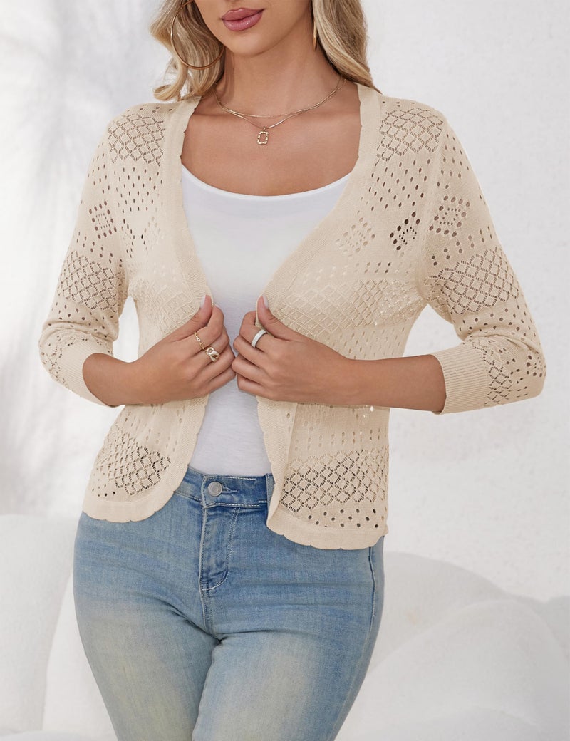 REDHOTYPE Women's 3/4 Sleeve Cardigan Open Front Cropped Shrugs Summer Hollowed Lightweight Cardigans Sweater,Apricot,Meduim - Image 2