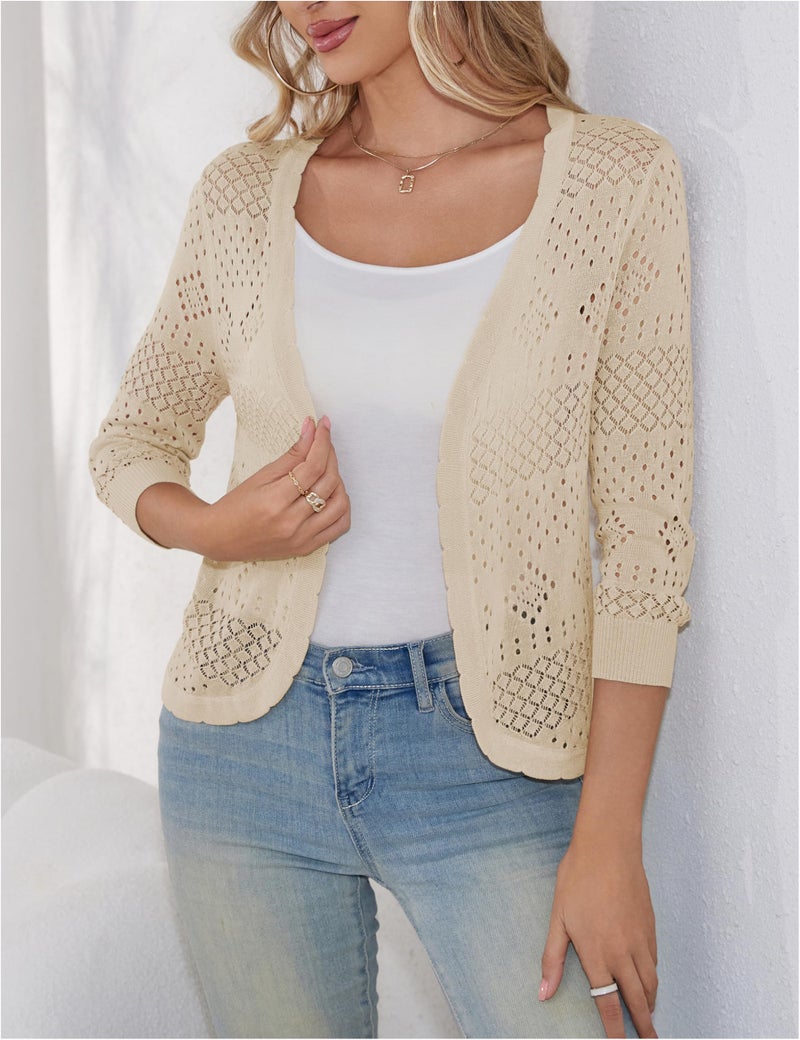 REDHOTYPE Women's 3/4 Sleeve Cardigan Open Front Cropped Shrugs Summer Hollowed Lightweight Cardigans Sweater,Apricot,Meduim - Image 3