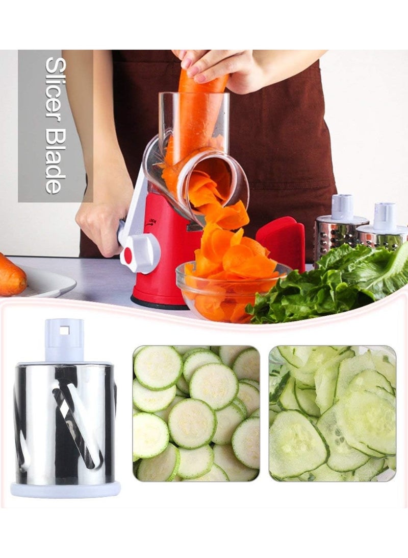 M MIAOYAN Multifunctional Rotary Cheese Grater | Manual Slicer | 3 Stainless Steel Blades | Strong Suction Base | Suitable for Cheese, Vegetables, and Nuts (Red) - Image 3