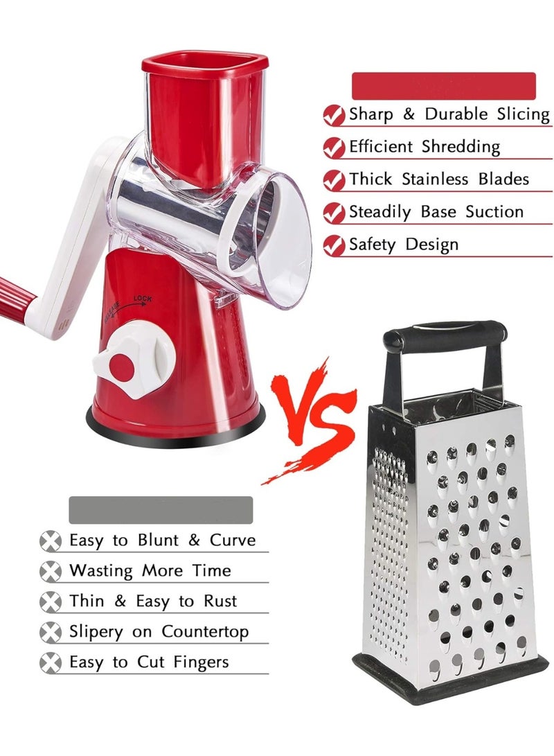 M MIAOYAN Multifunctional Rotary Cheese Grater | Manual Slicer | 3 Stainless Steel Blades | Strong Suction Base | Suitable for Cheese, Vegetables, and Nuts (Red) - Image 5