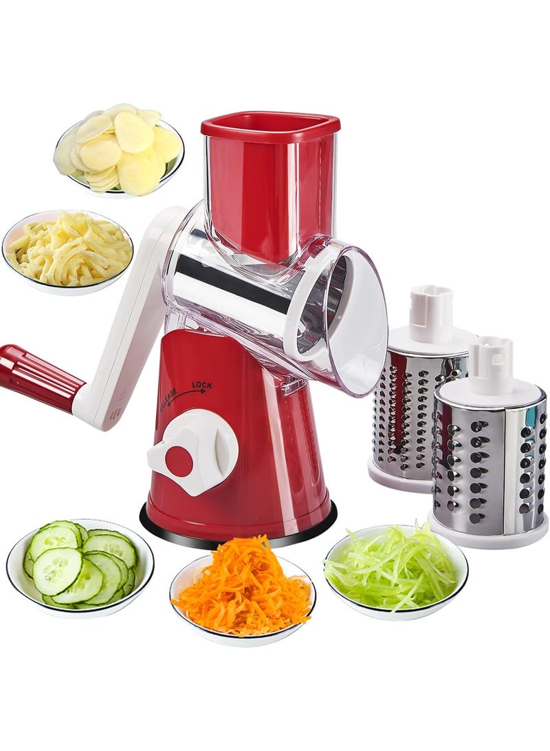 M MIAOYAN Multifunctional Rotary Cheese Grater | Manual Slicer | 3 Stainless Steel Blades | Strong Suction Base | Suitable for Cheese, Vegetables, and Nuts (Red) - Image 2