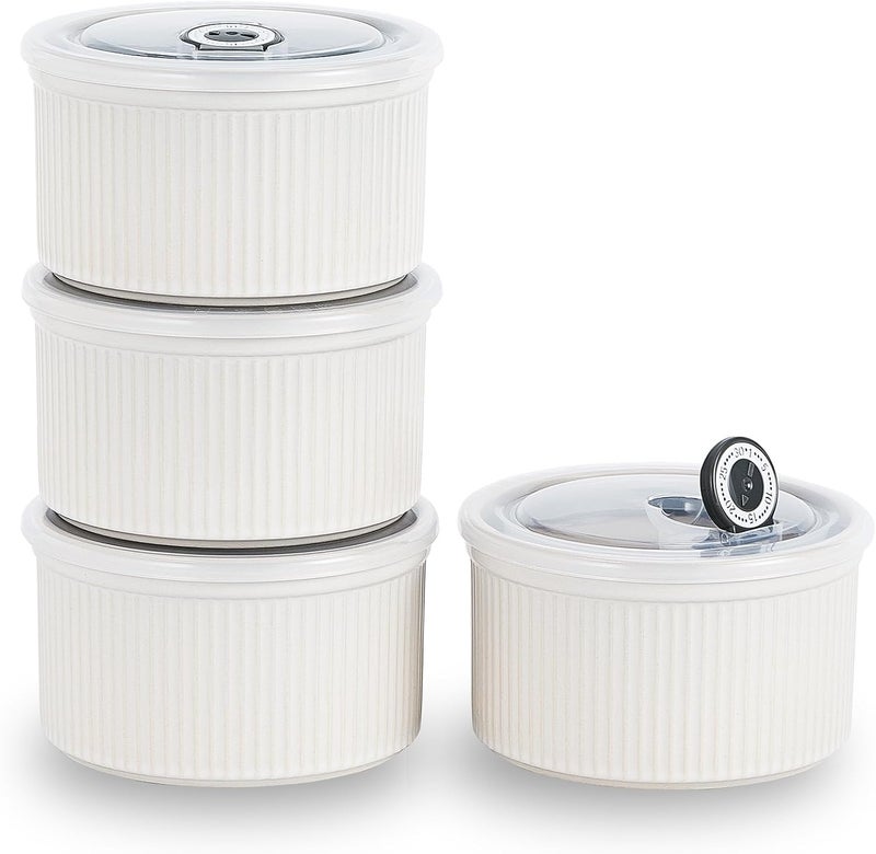 Hoilse Ceramic Bowls with Lids 20 oz Microwave Safe Food Container for Serving Cereal Soup Salad Meal Prep Storing Leftovers Picnic Camping Office Lunch 5 inchSet of 4 Oatmeal White - Image 1