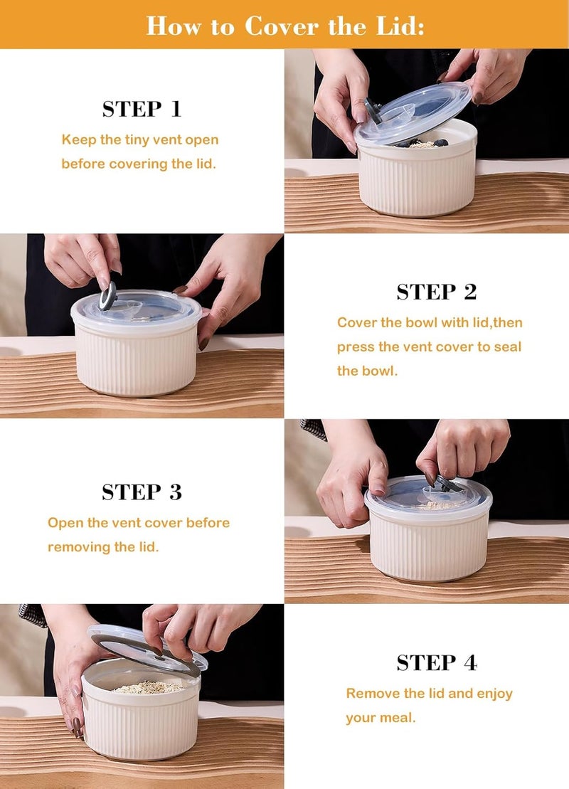 Hoilse Ceramic Bowls with Lids 20 oz Microwave Safe Food Container for Serving Cereal Soup Salad Meal Prep Storing Leftovers Picnic Camping Office Lunch 5 inchSet of 4 Oatmeal White - Image 5
