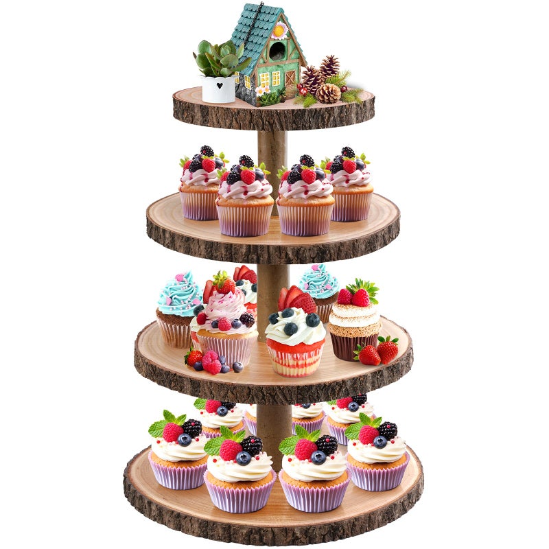 GrnVibe Cupcake Stand Wood Dessert Stands 4 Tier Cupcake Tower Large Cupcake Display Stand Rustic Cupcake Tier Stand for Woodland Baby Shower Decorations/Wedding/Birthday/Party/Farmhouse Decor - Image 1