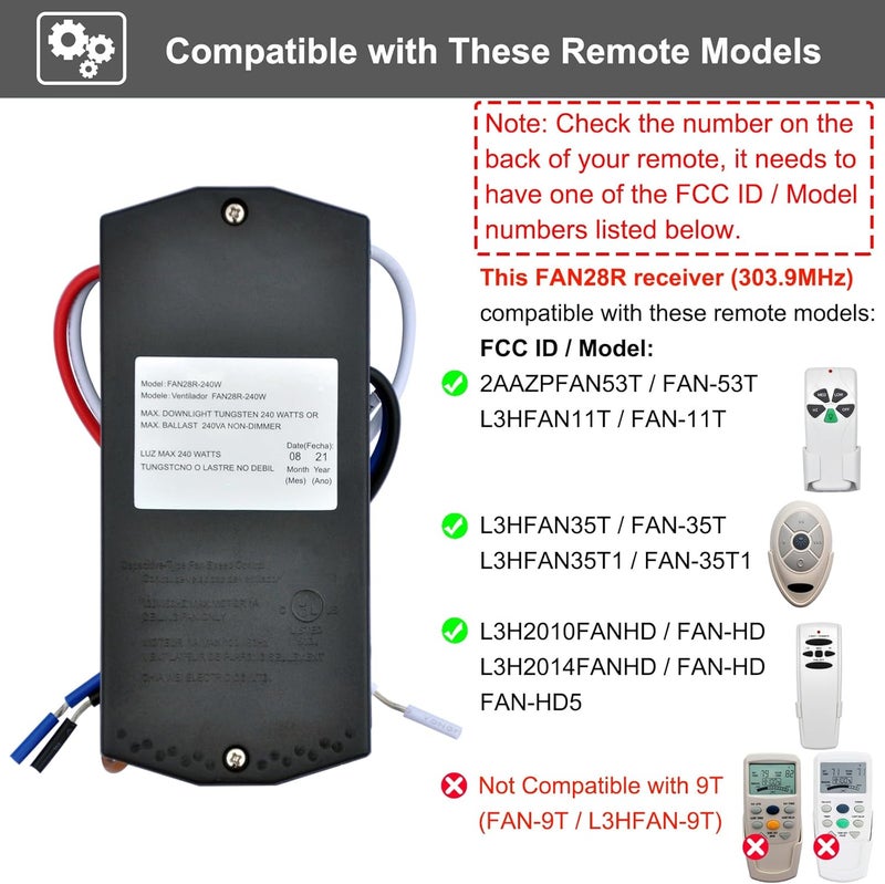 CENMING FAN28R Ceiling Fan Remote Control Receiver 240w 303.9MHz 5-Wires Replace for FAN18R 18R 28R, for Harbor Breeze Hampton Bay Receiver That Used Fan-HD 53T 35T1 Remote (Receiver Only) - Image 3