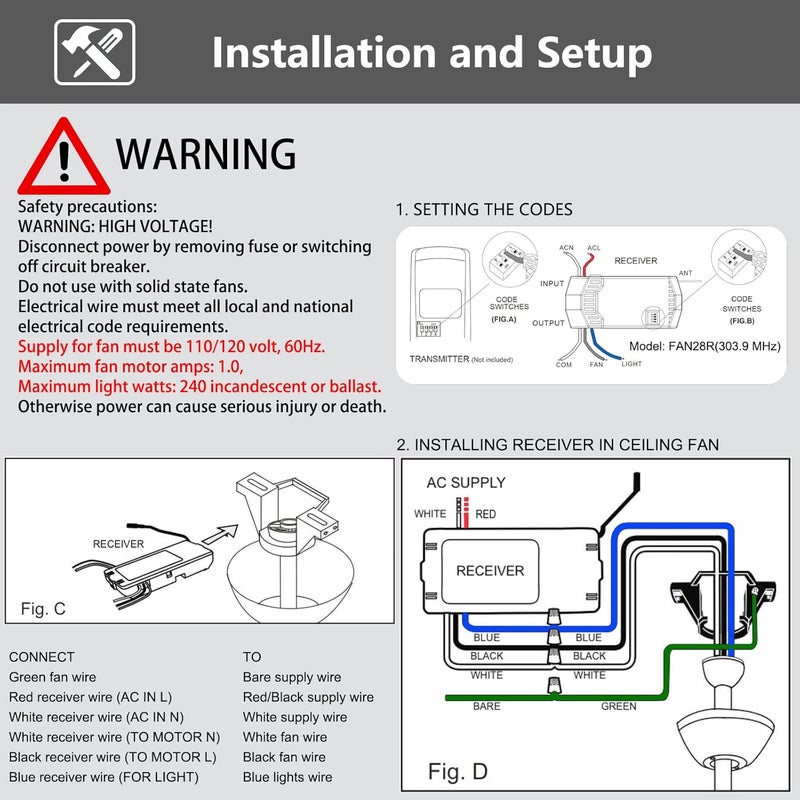 CENMING FAN28R Ceiling Fan Remote Control Receiver 240w 303.9MHz 5-Wires Replace for FAN18R 18R 28R, for Harbor Breeze Hampton Bay Receiver That Used Fan-HD 53T 35T1 Remote (Receiver Only) - Image 5