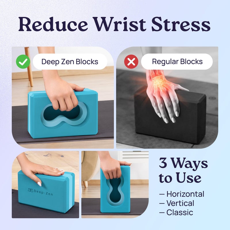 Deep-ZenÂ® Yoga Blocks Wrist Support; Yoga Blocks 2 Pack with Knee Pads and Strap to Put Less Weight on Wrists; Durable, Versatile Yoga Brick Exercise Block Set, Blocks Yoga (Blue) - Image 2