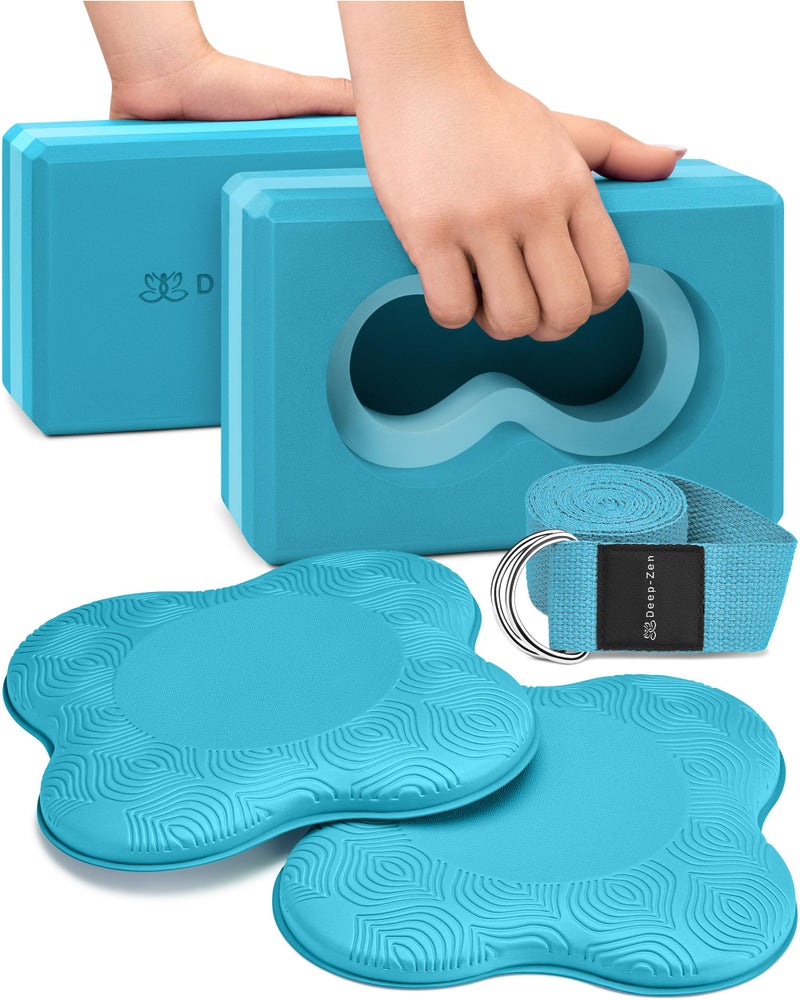 Deep-ZenÂ® Yoga Blocks Wrist Support; Yoga Blocks 2 Pack with Knee Pads and Strap to Put Less Weight on Wrists; Durable, Versatile Yoga Brick Exercise Block Set, Blocks Yoga (Blue) - Image 1