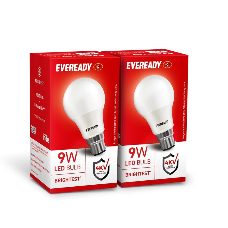 Eveready مصباح LED 9 واط، ضوء نهاري بارد (6500 كيلفن)، قاعدة B22، موفر للطاقة، حماية من الارتفاعات الكهربائية 4 كيلو فولت، متانة طويلة الأمد - عبوة من 2 - Image 1