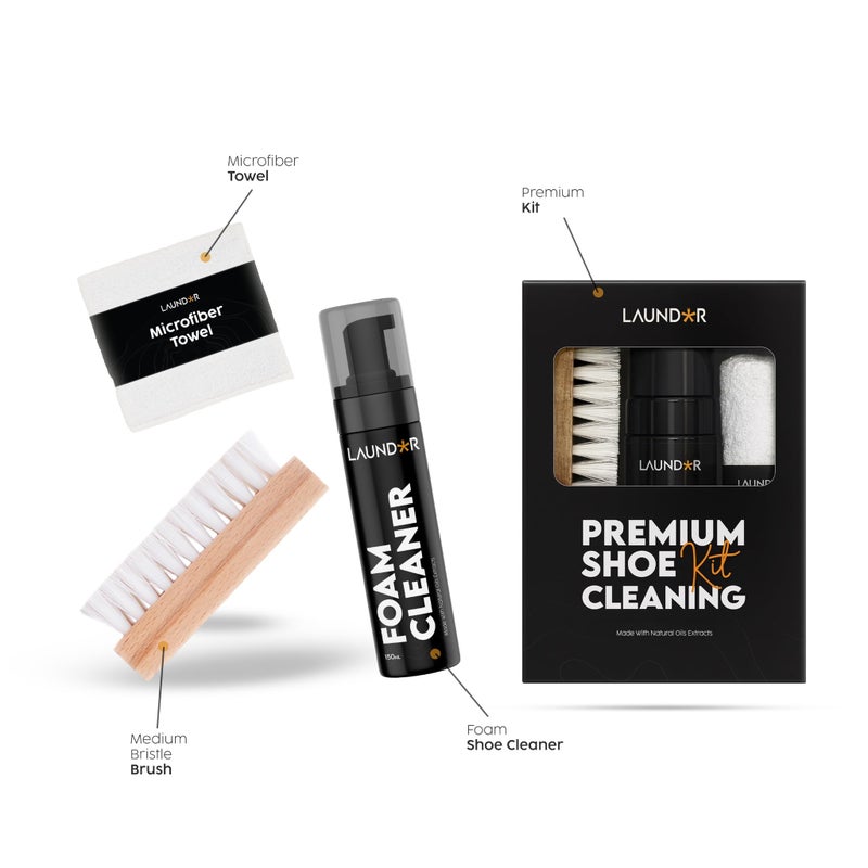 LAUNDOR Premium Shoe Cleaning Kit – Foam Cleaner 150ml + Medium Bristle Brush + Microfiber Towel | Natural Oil Extracts, No Chemicals, Safe for Sneakers, Leather & Canvas - Image 2