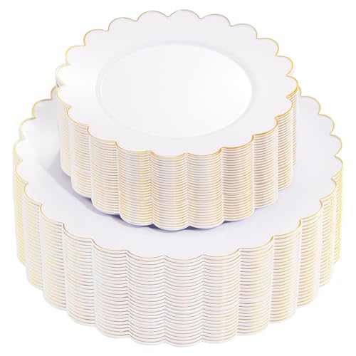 supernal 100PCS Gold Scalloped Plastic Plates -White and Gold Disposable Plates for Party Wedding -Include 50PCS 10.25inch Dinner Plate,50PCS 7.5inch Gold Dessert/Salad Plate for Birthday - Image 1