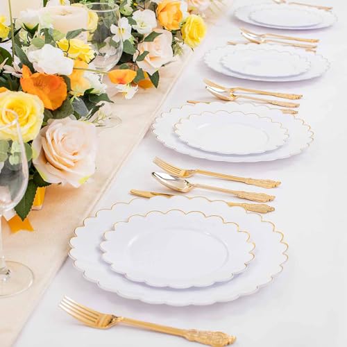 supernal 100PCS Gold Scalloped Plastic Plates -White and Gold Disposable Plates for Party Wedding -Include 50PCS 10.25inch Dinner Plate,50PCS 7.5inch Gold Dessert/Salad Plate for Birthday - Image 3