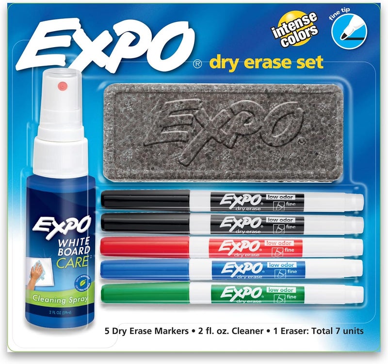 Expo Low Odor Dry Erase Marker Set With White Board Eraser And Cleaner Fine Tip Dry Erase Markers Assorted Colors, 7 Piece Set With Whiteboard Cleaner - Image 1