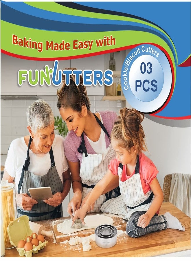 FUNUTTERS Cookie Cutter Set, 3 Pc Kit, Measuring 2'', 3'', and 4'', Round Metal Baking Rings for Pastry, Biscuits, and Dough Cutting, Heavy Duty and Reusable, Multiple Sizes - Image 5