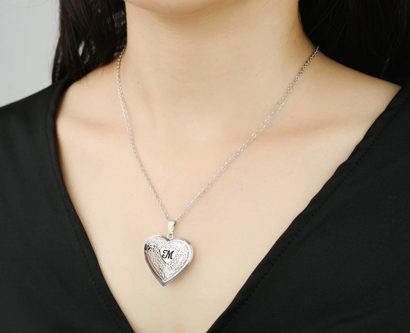Hutou Locket Necklace Holds Pictures Alphabet Initial Letter Love Heart Lockets Photo Memory Locket Necklaces Silver A - Image 3