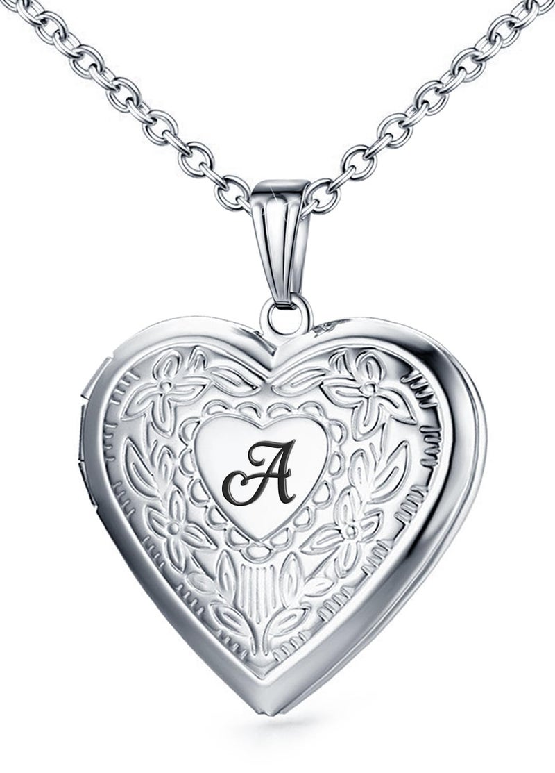 Hutou Locket Necklace Holds Pictures Alphabet Initial Letter Love Heart Lockets Photo Memory Locket Necklaces Silver A - Image 1