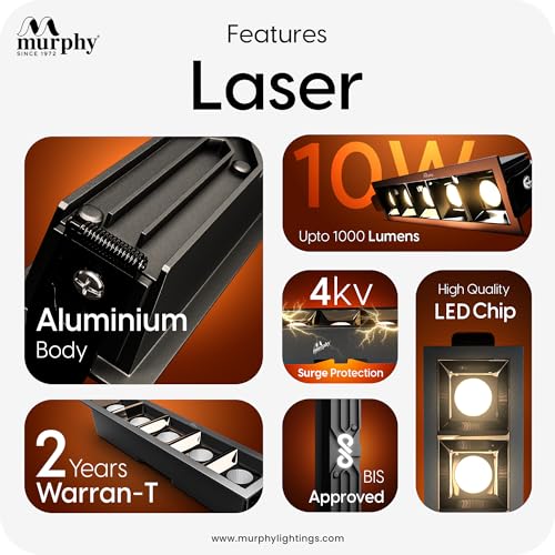 Murphy Aluminium 10W Black Finish Square Laser Led Ceiling Cob Spot, Focus, Down Ceiling Light, Ceiling Pop Light (Warm White, Pack Of 4), With 2 Years Warranty - Image 2