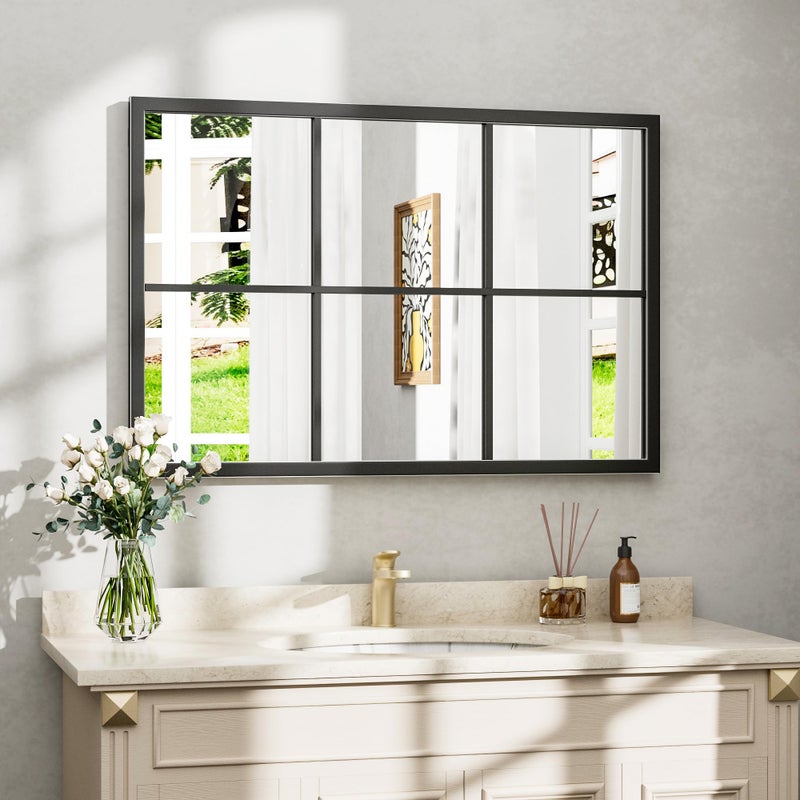 Dewfig Rectangle Wall Mirror, Window Mirror Wall Mounted, 24"x36"in Window Pane Mirrors, Large Black Mirrors for Hanging or Leaning Against Wall Bedroom Vanity Living Room Fireplace Entryway,Black - Image 1