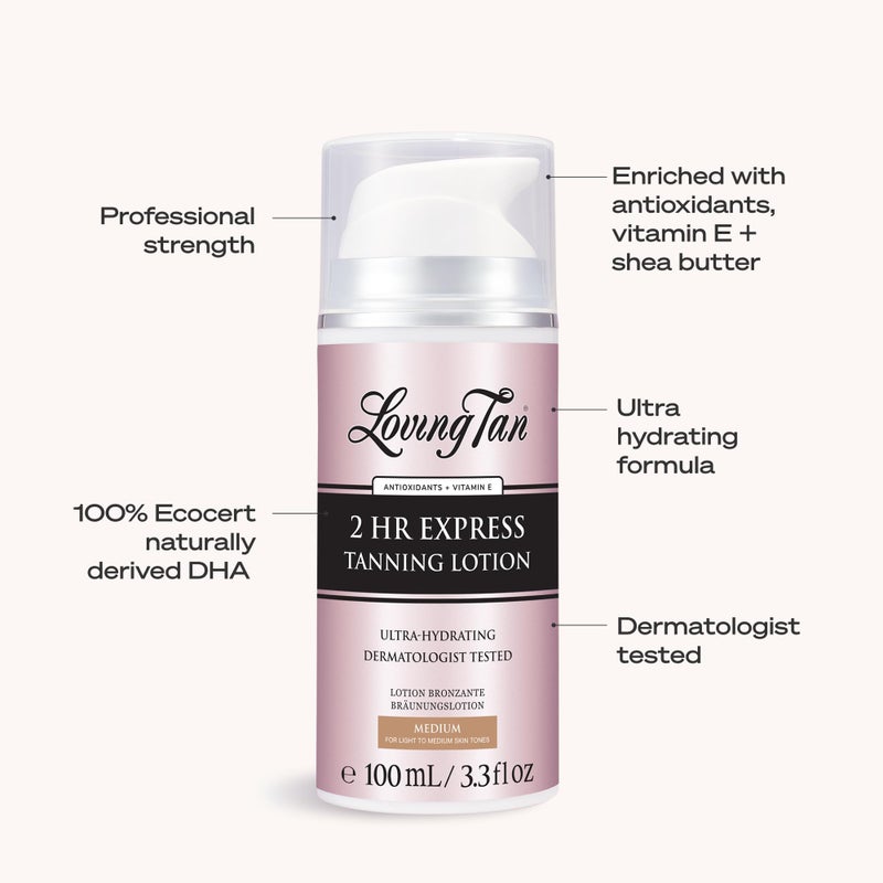 Loving Tan لوفينغ تان نيو 2 ساعة إكسبريس لوشن تان ذاتي للجسم، متوسط - ترطيب وتألق طبيعي بدون شمس، تان ذاتي خالي من الخطوط، مختبر من قبل أطباء الجلد، خفيف الوزن، نباتي وخالي من القسوة - 3.3 أونصة سائلة - Image 5