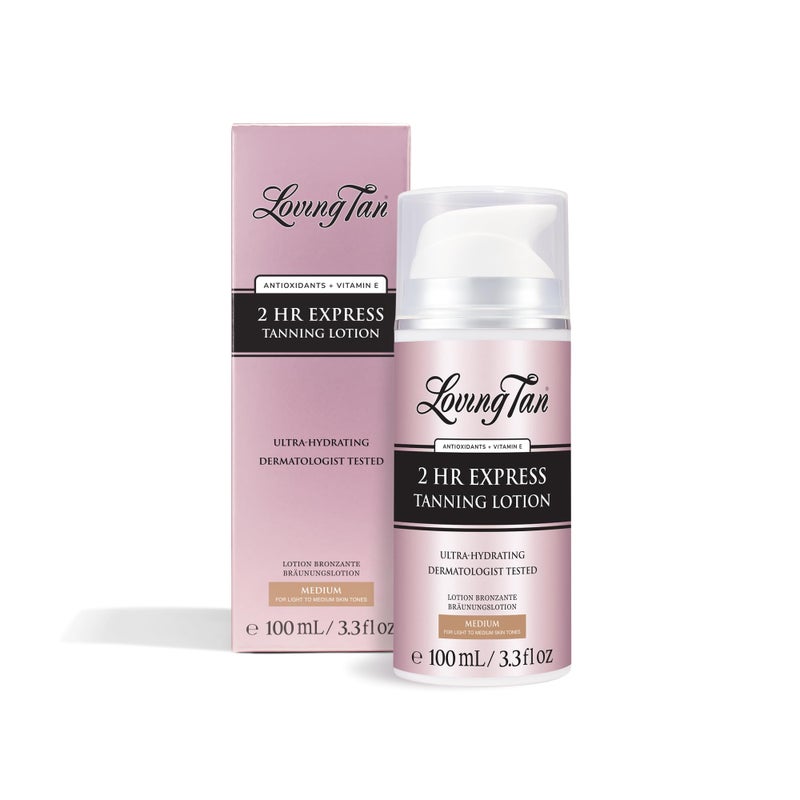 Loving Tan لوفينغ تان نيو 2 ساعة إكسبريس لوشن تان ذاتي للجسم، متوسط - ترطيب وتألق طبيعي بدون شمس، تان ذاتي خالي من الخطوط، مختبر من قبل أطباء الجلد، خفيف الوزن، نباتي وخالي من القسوة - 3.3 أونصة سائلة - Image 1