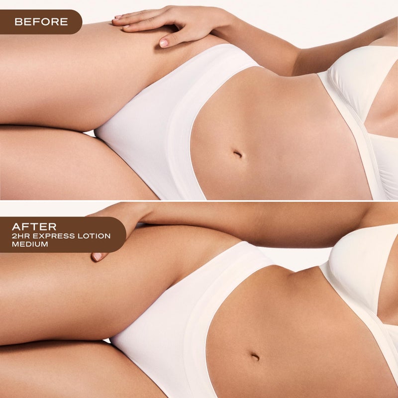 Loving Tan لوفينغ تان نيو 2 ساعة إكسبريس لوشن تان ذاتي للجسم، متوسط - ترطيب وتألق طبيعي بدون شمس، تان ذاتي خالي من الخطوط، مختبر من قبل أطباء الجلد، خفيف الوزن، نباتي وخالي من القسوة - 3.3 أونصة سائلة - Image 2