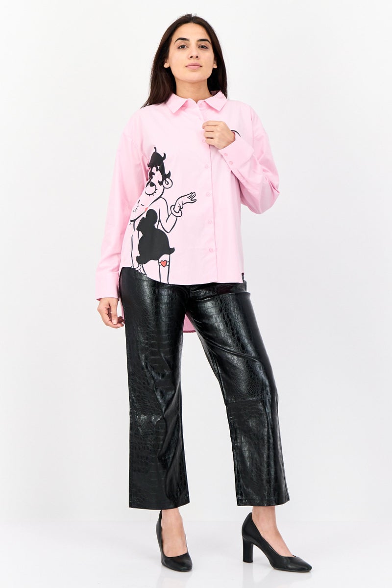 Fleischer Studios Women Spread Collar Long Sleeve Graphic Print Casual Shirt, Pink - Image 3