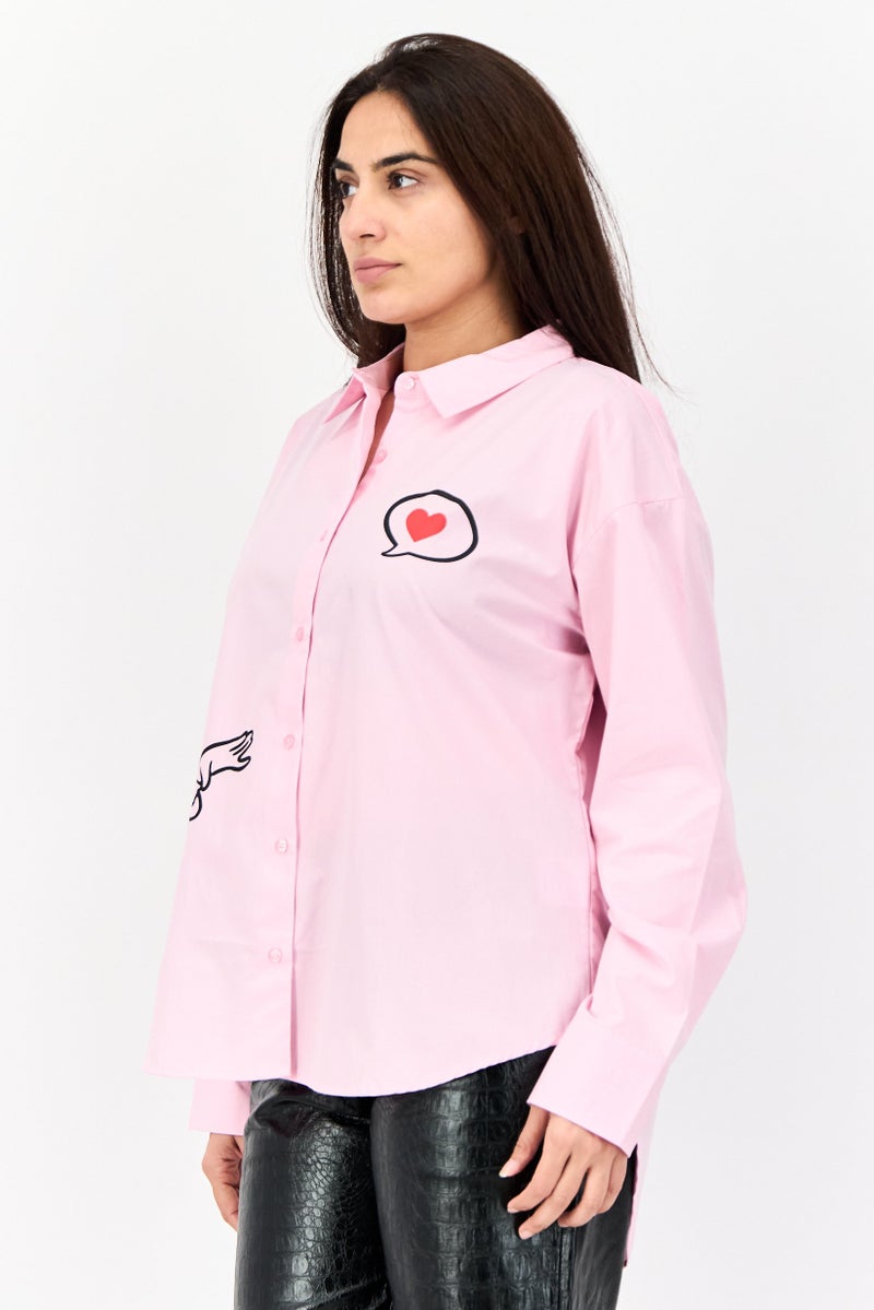 Fleischer Studios Women Spread Collar Long Sleeve Graphic Print Casual Shirt, Pink - Image 2