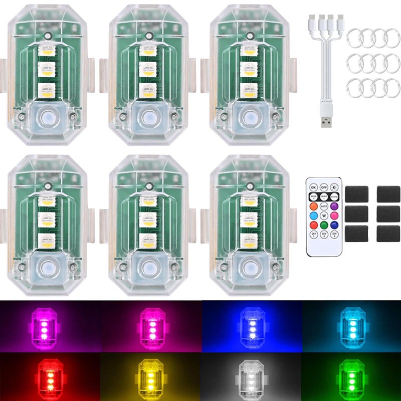 6 قطع مصابيح LED ستروب لاسلكية مع جهاز تحكم عن بعد تم ترقيتها إلى 350 مللي أمبير في الساعة USB قابلة لإعادة الشحن 8 ألوان عالية السطوع مقاومة للماء وأضواء تحذير مضادة للتصادمات لسيارة دراجة نارية بدون طيار شاحنة دراجة - Image 1