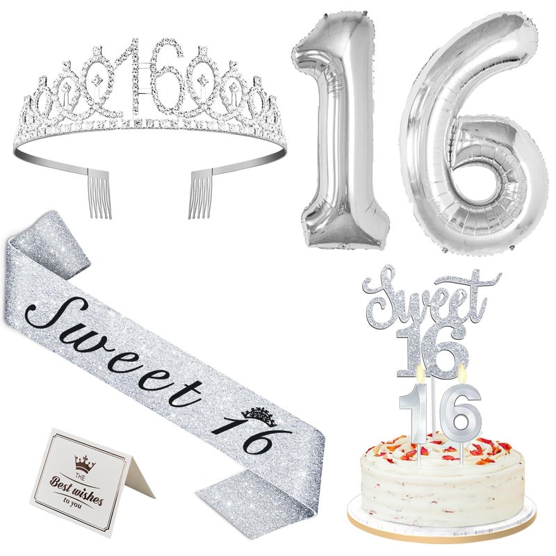 Sweet 16 Birthday Decorations for Girls Silver with Sweet 16 Sash and Tiara Cake Topper and Candles Silver Number Balloons 16th Birthday Gifts for Girls