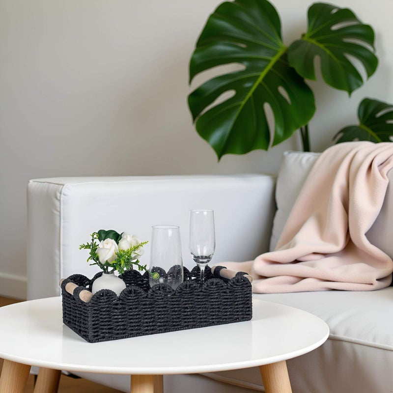 CubesLand Bathroom Basket Organizer, Toilet Tank Paper Storage Baskets 2-Pack, Scalloped Decorative Basket for Countertop w/Handle, Wicker Basket for Bathroom Decor, Home Decor, Living Room, Black - Image 3