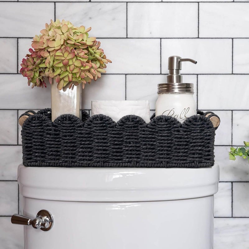 CubesLand Bathroom Basket Organizer, Toilet Tank Paper Storage Baskets 2-Pack, Scalloped Decorative Basket for Countertop w/Handle, Wicker Basket for Bathroom Decor, Home Decor, Living Room, Black - Image 2