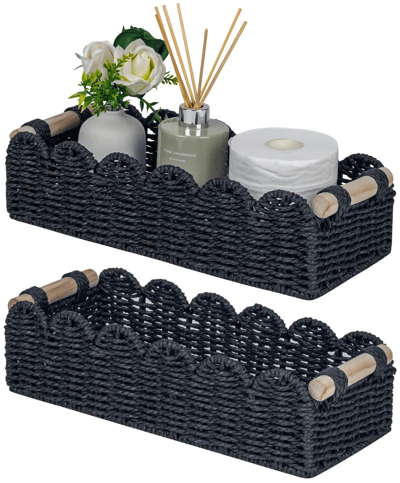 CubesLand Bathroom Basket Organizer, Toilet Tank Paper Storage Baskets 2-Pack, Scalloped Decorative Basket for Countertop w/Handle, Wicker Basket for Bathroom Decor, Home Decor, Living Room, Black - Image 1