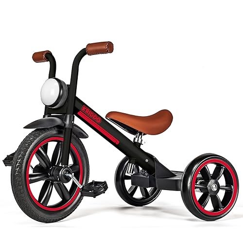 KRIDDO Kids Tricycle 12 Inch Puncture Free Wheel w Front Light Adjustable Seat Height Gift for 25 Year Olds Trike for Toddlers Black - Image 1