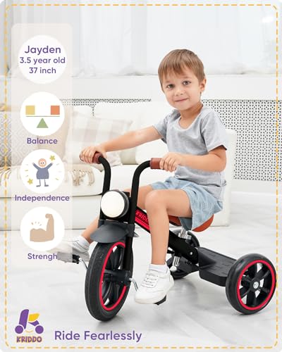 KRIDDO Kids Tricycle 12 Inch Puncture Free Wheel w Front Light Adjustable Seat Height Gift for 25 Year Olds Trike for Toddlers Black - Image 5