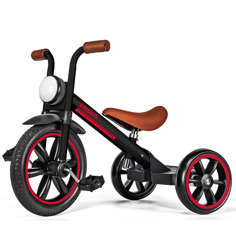 KRIDDO Kids Tricycle 12 Inch Puncture Free Wheel w Front Light Adjustable Seat Height Gift for 25 Year Olds Trike for Toddlers Black - Image 2