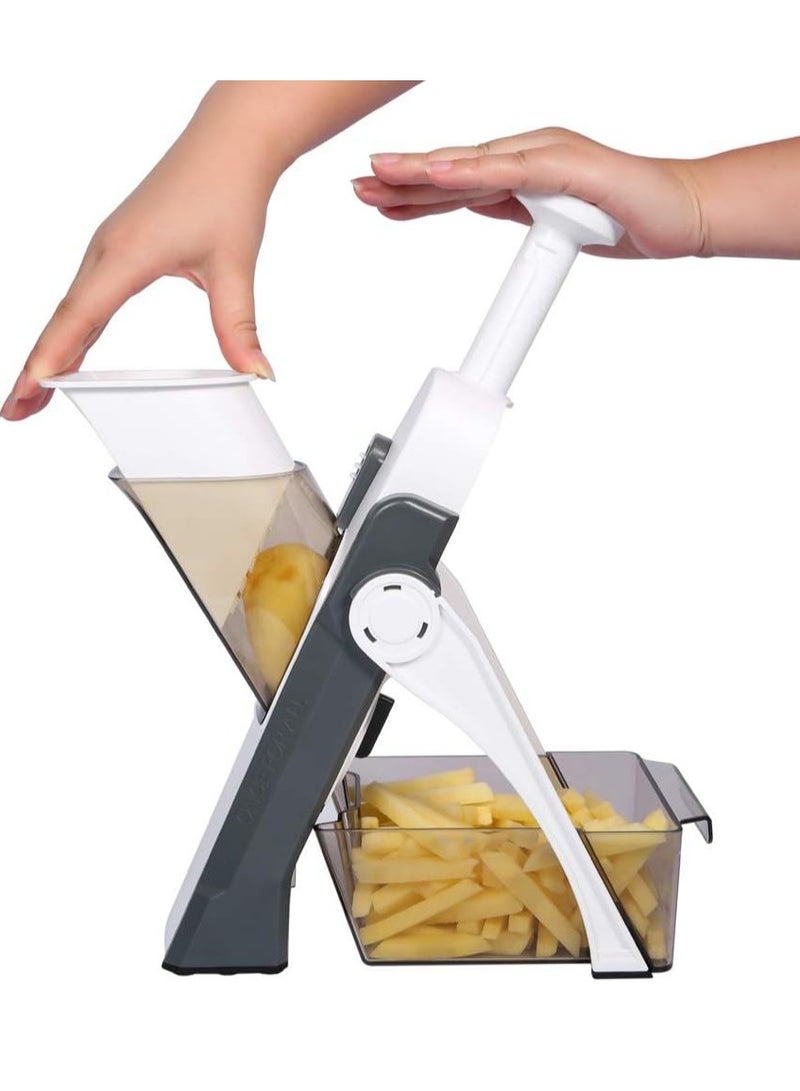 عربست قطاعة خضروات ماندولين آمنة 5 في 1 قطاعة خضروات 5 في 1 قطاعة بطاطس للطعام، قطاعة بطاطس جوليان للتقطيع، قطاعة جوليان للتقطيع بسماكة قابلة للتعديل 0.1-8 ملم تحفة فنية للتقطيع في المطبخ لتحضير الوجبات بسرعة (رمادي) - Image 1