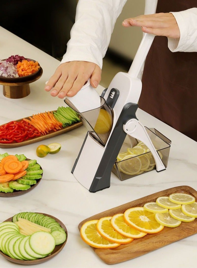 عربست قطاعة خضروات ماندولين آمنة 5 في 1 قطاعة خضروات 5 في 1 قطاعة بطاطس للطعام، قطاعة بطاطس جوليان للتقطيع، قطاعة جوليان للتقطيع بسماكة قابلة للتعديل 0.1-8 ملم تحفة فنية للتقطيع في المطبخ لتحضير الوجبات بسرعة (رمادي) - Image 5