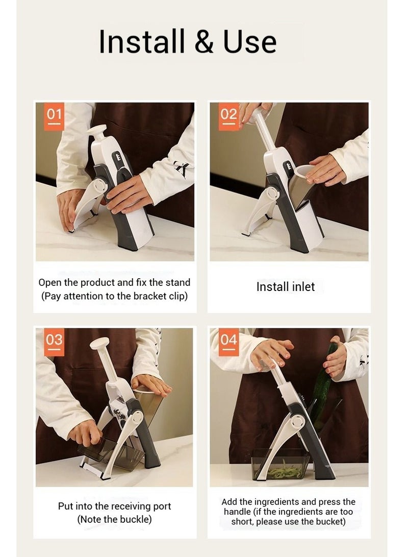 عربست قطاعة خضروات ماندولين آمنة 5 في 1 قطاعة خضروات 5 في 1 قطاعة بطاطس للطعام، قطاعة بطاطس جوليان للتقطيع، قطاعة جوليان للتقطيع بسماكة قابلة للتعديل 0.1-8 ملم تحفة فنية للتقطيع في المطبخ لتحضير الوجبات بسرعة (رمادي) - Image 4