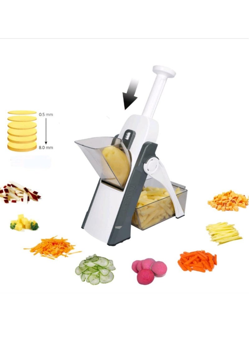 عربست قطاعة خضروات ماندولين آمنة 5 في 1 قطاعة خضروات 5 في 1 قطاعة بطاطس للطعام، قطاعة بطاطس جوليان للتقطيع، قطاعة جوليان للتقطيع بسماكة قابلة للتعديل 0.1-8 ملم تحفة فنية للتقطيع في المطبخ لتحضير الوجبات بسرعة (رمادي) - Image 3